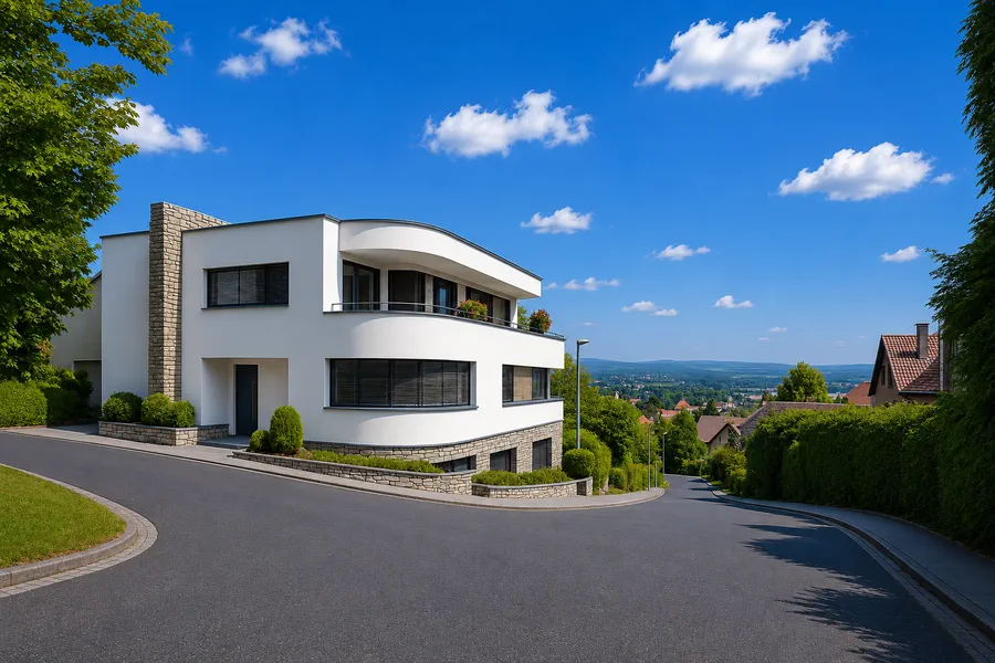 Die geschwungene Südwestecke des Gebäudes mit umlaufendem Fensterband und Blick über das Ruhrtal.