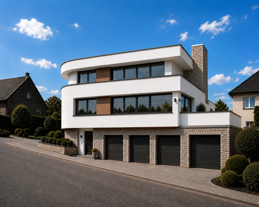 Der Baukörper in der Kurve der Steilstraße, im Hintergrund öffnet sich das Tal.
