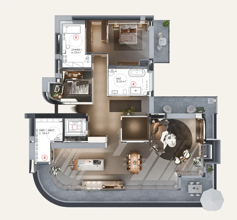 Grundriss des Penthouses: Diele, offener Wohn-, Ess- und Kochbereich, Schlafzimmer mit Ankleide und Bad en Suite, weiteres Zimmer, Hauswirtschaftsraum.